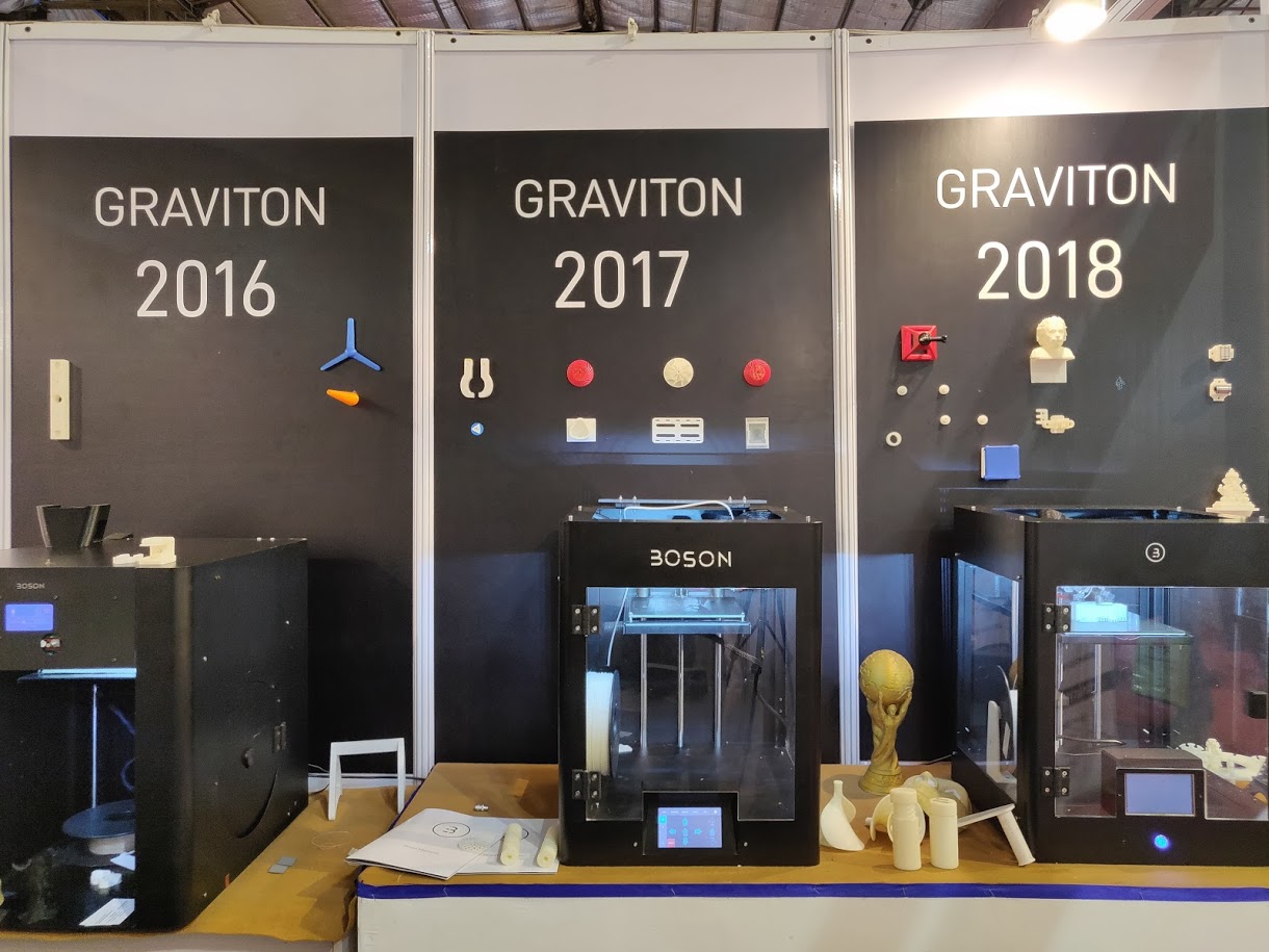 印度Mumbai的Automation Expo展出的Boson Graviton 3D打印机及样件，2018年
