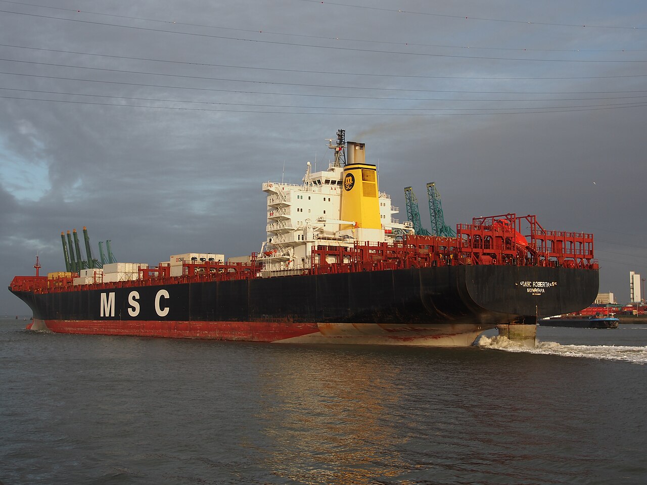 安特卫普港MSC Roberta集装箱船的侧面与港口水域(真实资料图)