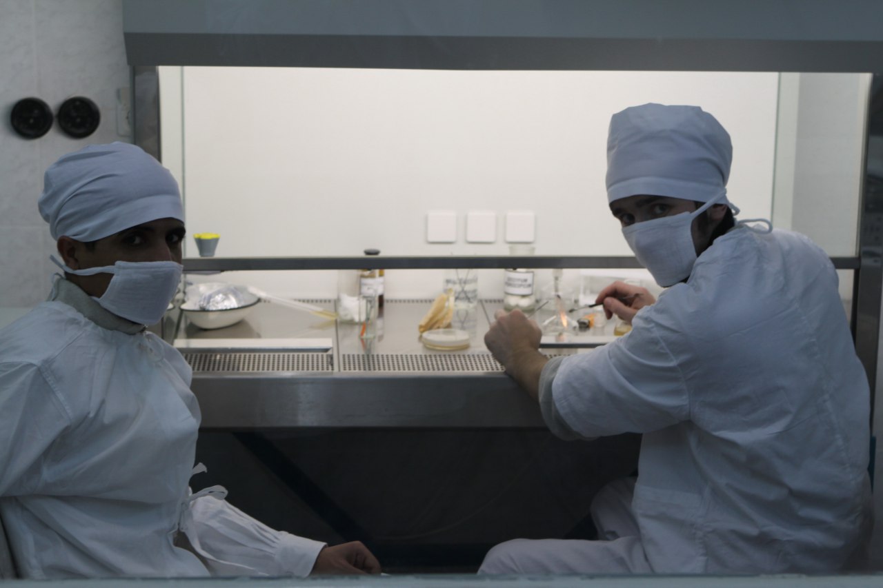 在生物安全柜前学习操作的实验人员
