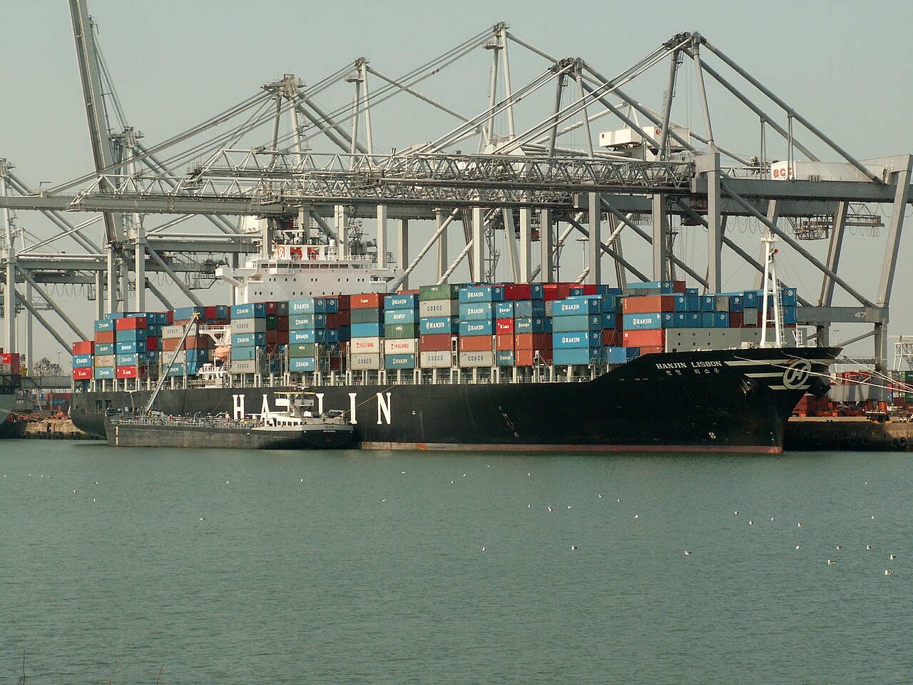 鹿特丹港Amazone港池内的HANJIN LISBON集装箱船