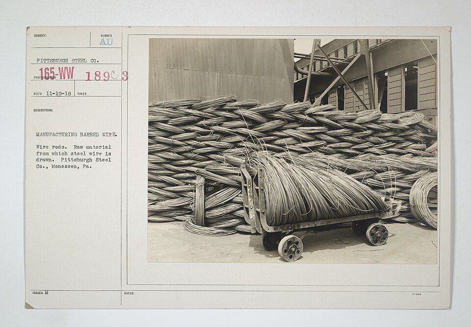 美国国家档案馆保存的1917—1918年宾夕法尼亚州Monessen钢厂盘条原料历史照片，不代表本文调查产品批次、当代产能或出口来源