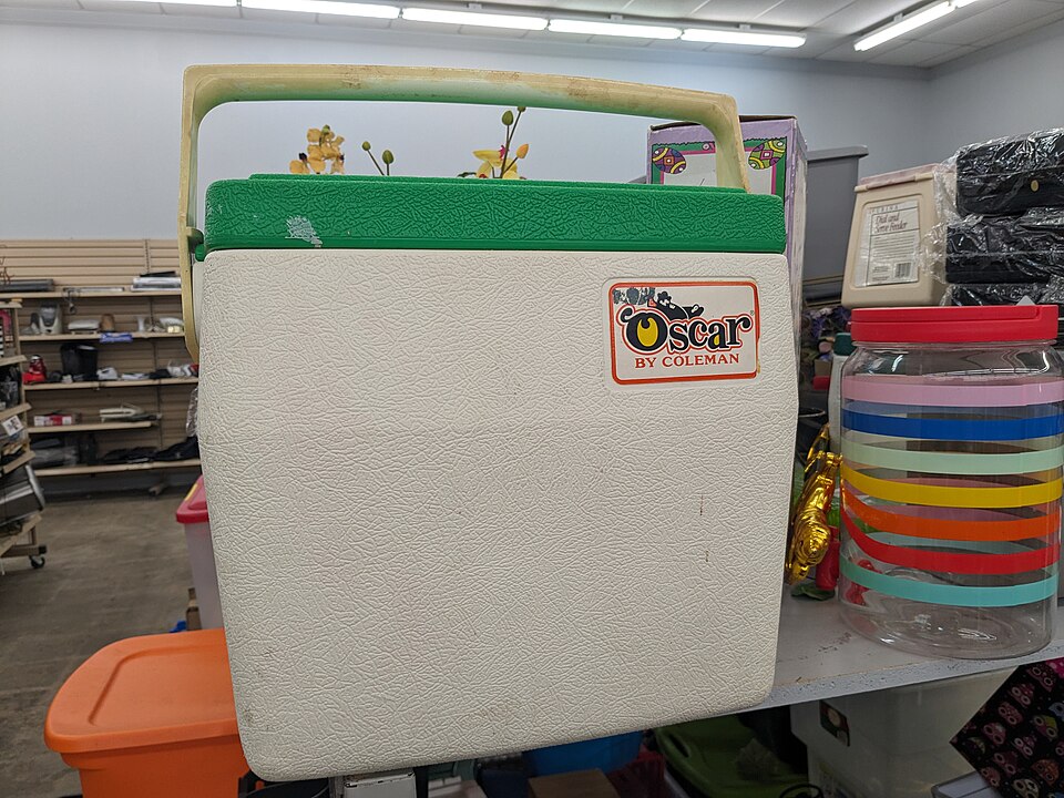2024年美国旧货商店内带盖Coleman Oscar保冷箱的实物资料照片，保留二手零售场景，箱体关闭且无可见干冰、晶体或粉末；不作为跨境温控包装或产品状态推荐