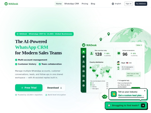 WADesk WhatsApp CRM网站首页预览