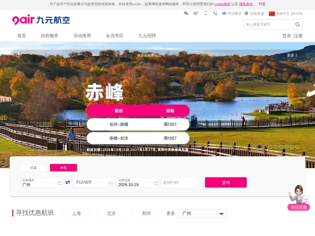 九元航空网站首页预览