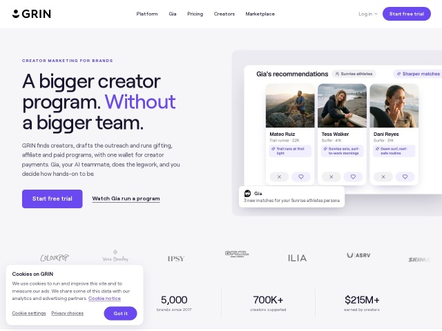 Grin Creator Marketplace网站首页预览